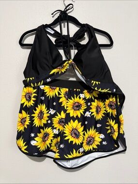 Sunflower Print Black Halter Bikini Top